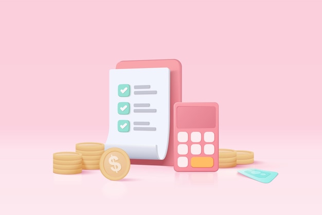Concepto de representación vectorial de calculadora mínima 3d de gestión financiera que calcula la calculadora de planificación de riesgos financieros con pila de monedas y billetes con concepto de vector 3d sobre fondo pastel