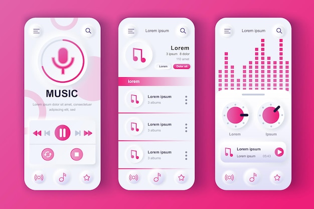 Concepto de reproductor de música Conjunto de plantillas neumorales Reproducir lista de reproducción de canciones de música UI UX Pantallas de GUI