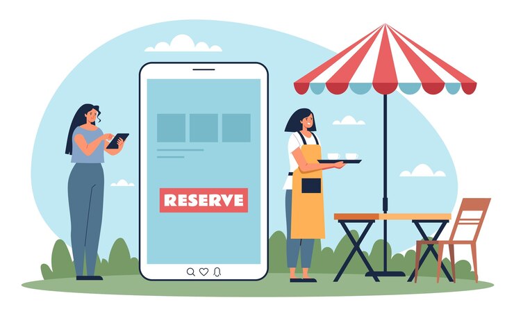 Vector concepto de reserva de aplicación de teléfono de reserva en línea de fecha de cafetería de restaurante