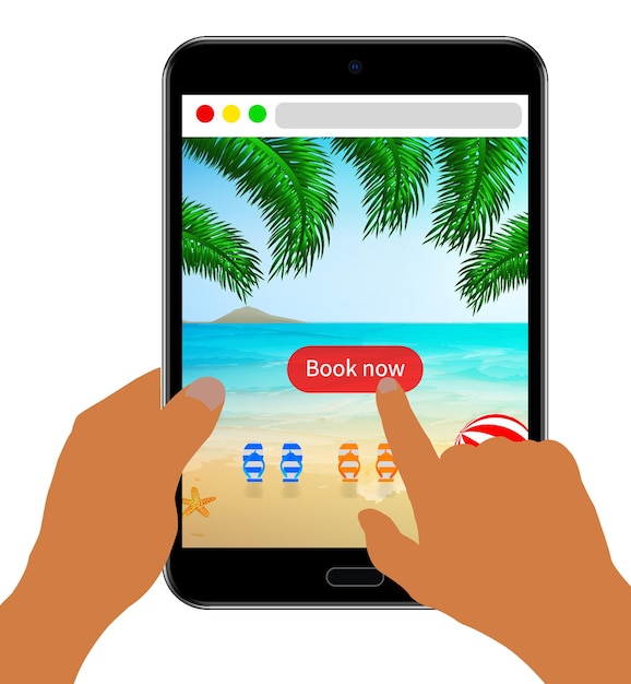 Concepto de reserva en línea para la escena de resort de mar de vacaciones en la pantalla de la tableta Las manos sostienen la tableta Vector