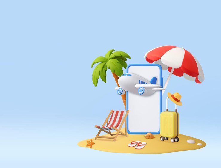 Vector concepto de reserva de viajes en 3d con elementos de playa