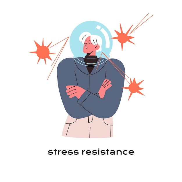 Concepto de resistencia al estrés Habilidad suave corporativa para la calma Habilidad de tener confianza durante los problemas Problemas Trabajador empleado con protección mental Ilustración de vector aislado plano en blanco