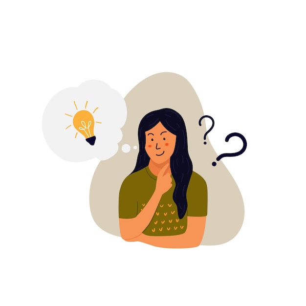Concepto de resolución de problemas mujer pensando con signo de interrogación e iconos de bombilla ilustración de diseño vectorial