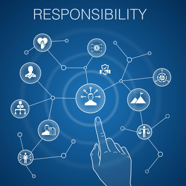 Concepto de responsabilidad, delegación de fondo azul, honestidad, confiabilidad, iconos de confianza