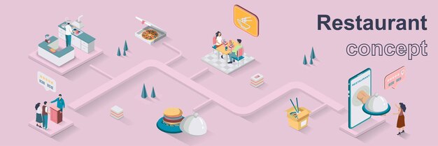 Concepto de restaurante banner web isométrico 3d La gente visita la cafetería cena en la mesa de la cafetería chef cocinando