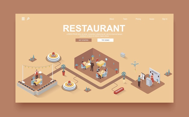 Concepto de restaurante Plantilla de página de destino isométrica 3d La gente visita las mesas de libros del restaurante El personal trabaja en la recepción El camarero trae pedidos Ilustración vectorial en diseño gráfico isométrico