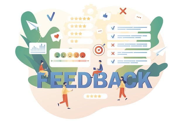 Concepto de retroalimentación Los clientes de personas diminutas dejan comentarios ponen la evaluación en el servicio en línea Cliente