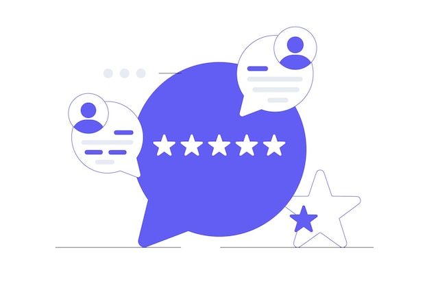 Concepto de retroalimentación Clientes que eligen la calificación de satisfacción y dejan una reseña positiva Caricatura plana