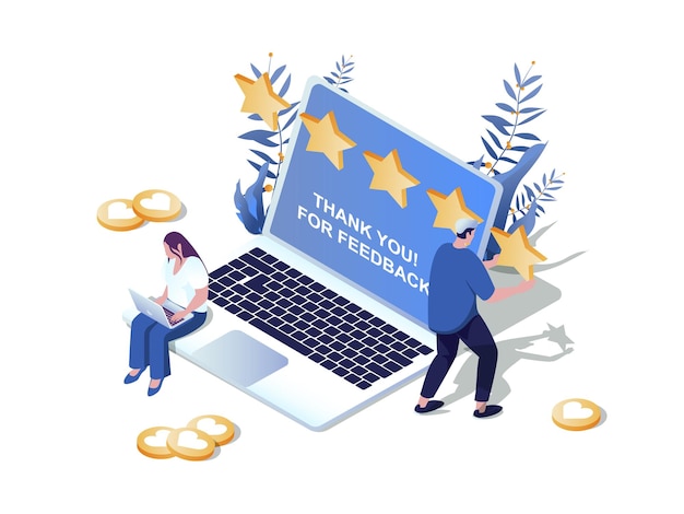 Concepto de retroalimentación Escena web isométrica 3d Personas que dejan comentarios positivos de los clientes con una buena experiencia en el sitio y evalúan productos o servicios Ilustración vectorial en diseño gráfico isométrico