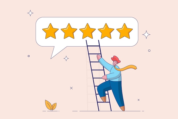 Concepto de retroalimentación Satisfacción del cliente Comentario de calificación de 5 estrellas o mejor revisión del producto