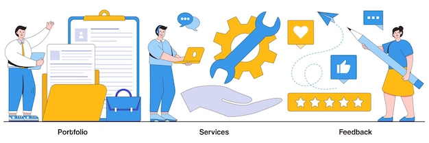 Concepto de retroalimentación de servicios de cartera con personajes de personas Barras de menú del sitio web corporativo Paquete de ilustraciones abstractas Diseño de sitios web Navegación del sitio Experiencia de usuario Catálogo Página de destino Metáfora