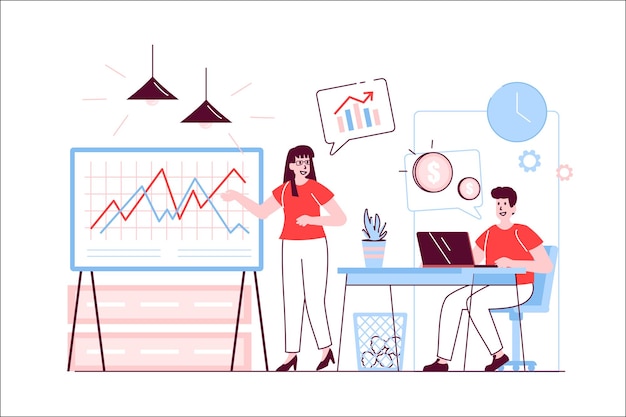 Concepto de reunión de negocios en diseño de línea plana Hombre y mujer discutiendo el desempeño de la empresa