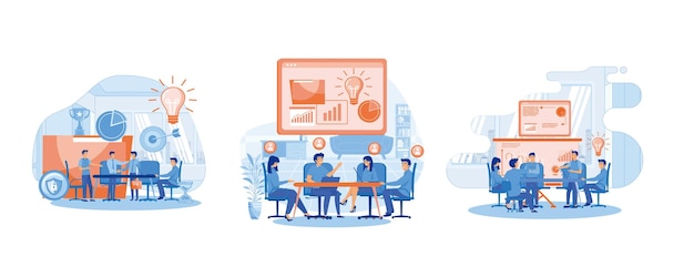 Concepto de reunión de negocios El equipo de negocios corporativo tiene una reunión en una sala de oficina virtual Trabajo remoto y concepto de trabajo en equipo Ilustración moderna de vector plano