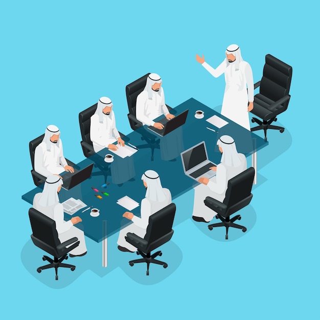 Concepto de reunión de negocios, negocios internacionales, empresario árabe que presenta sus ideas a colegas para inversiones exitosas en una sala de oficinas moderna y luminosa. ilustración vectorial isométrica plana 3d