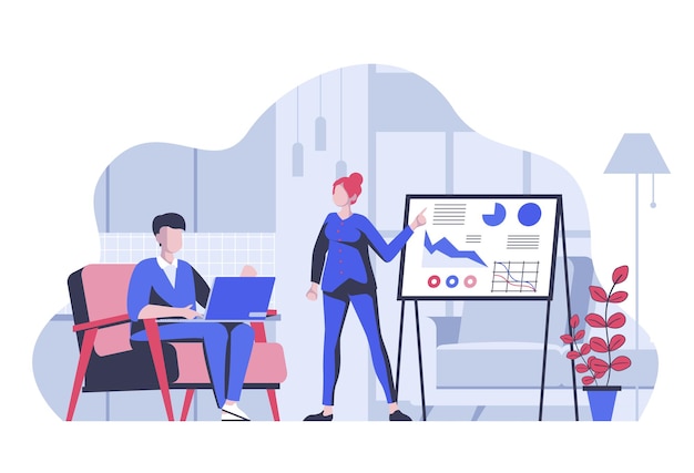 Concepto de reunión de negocios con personas de dibujos animados en diseño plano para la web Colegas analizando y discutiendo la presentación en la conferencia Ilustración vectorial para material de marketing de banners de redes sociales