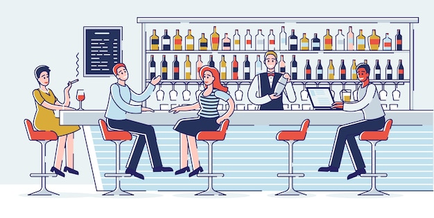 Concepto De Reuniones En Un Bar. La gente pasa un buen rato comunicándose en una barra de bar.