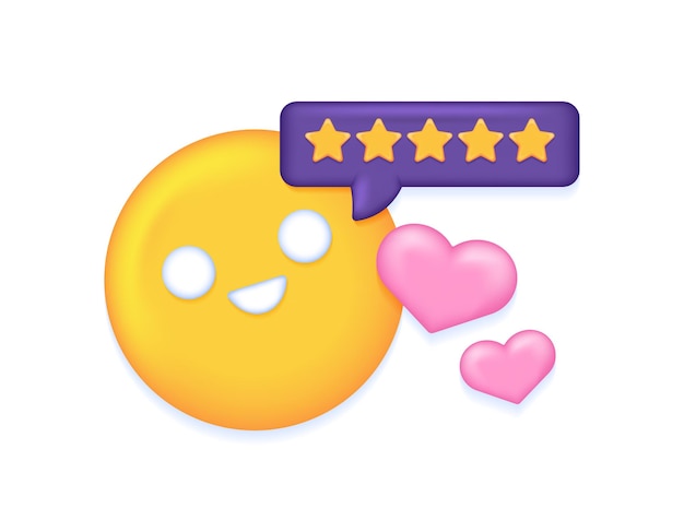 concepto de revisión y calificación positiva o ilustración de estilo 3D de emoticones felices estrellas y corazones