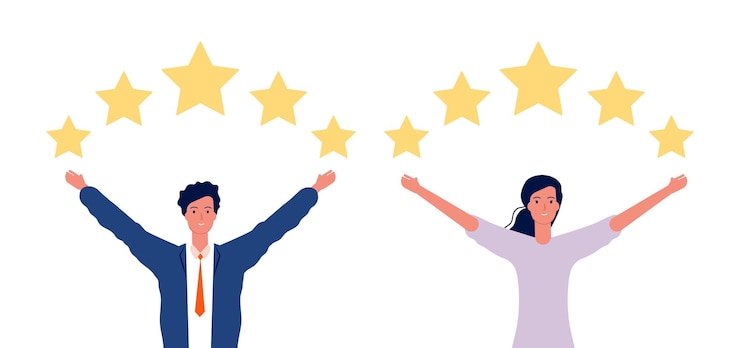 Vector concepto de revisión hombre mujer y calificación de cinco estrellas clientes felices servicio de tienda en línea o evaluación del centro de soporte caracteres vectoriales