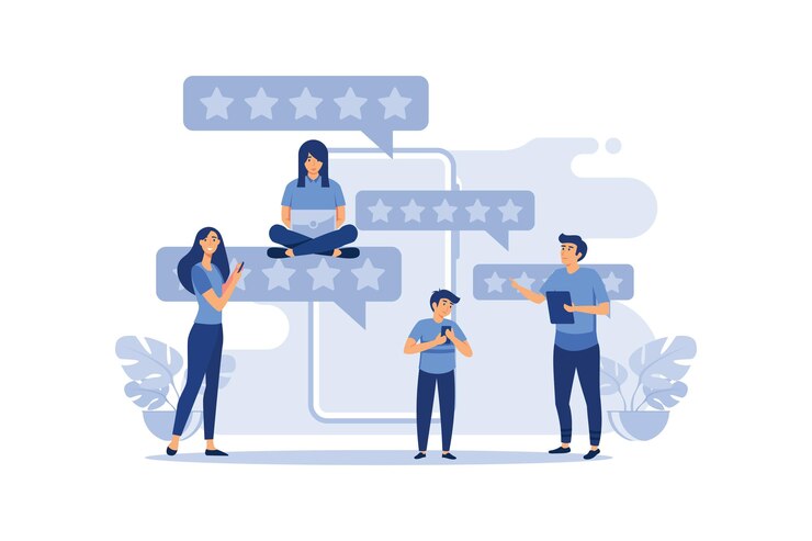 Vector concepto de revisión en línea las personas dejan comentarios buenos y malos comentarios calificación de estrellas idea de encuesta