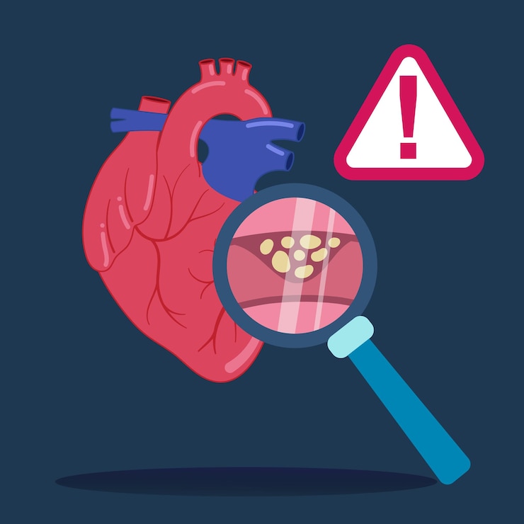 Vector concepto de riesgo para la salud cardíaca con advertencia de aterosclerosis