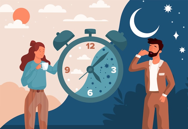 Concepto de ritmo circadiano ciclo saludable de día y noche el hombre se duerme y la mujer apaga la alarma