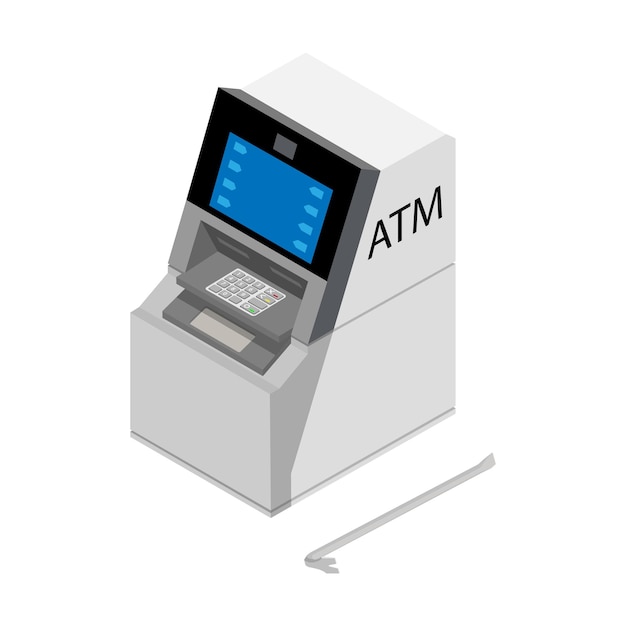 El concepto de robo ladrón robando dinero del cajero automático con la barra de la escena del crimen Vector
