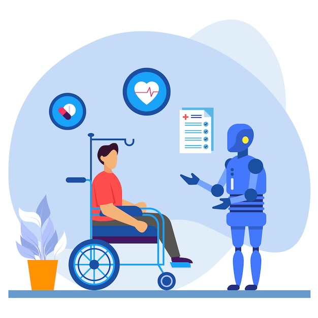 concepto de robot de compromiso del paciente, soporte y aumento del vector de bot de enfermería, escena médica de atención médica