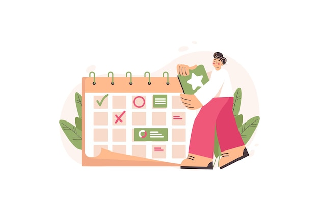 Concepto rojo de planificación diaria con escena de personas en el estilo de dibujos animados planos Notas de niña en el calendario