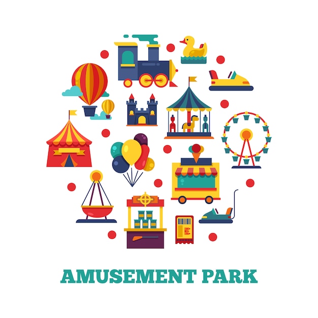 Concepto de ronda de iconos de parque de atracciones