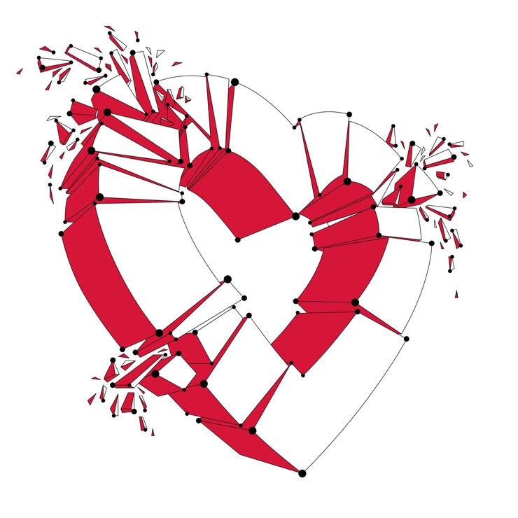 Vector concepto de ruptura de corazón roto, ilustración vectorial realista 3d del símbolo del corazón explotando en pedazos. idea creativa de romper el amor, romper.