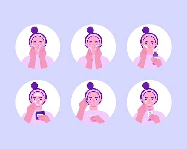 Vector concepto de rutina de belleza de mujer pasos de cuidado de la piel ilustración vectorial