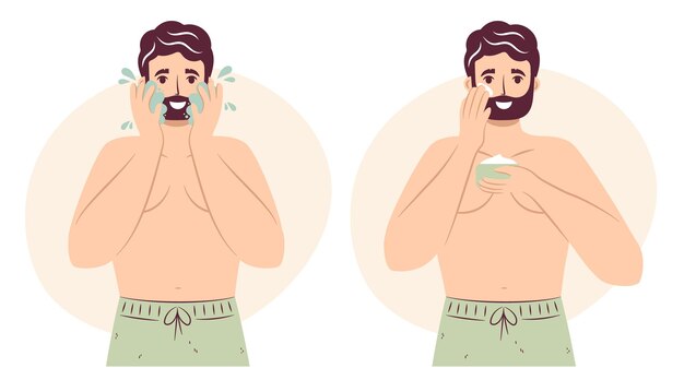 Vector concepto de rutina de cuidado de la piel un joven feliz se lava la cara con limpiador y jabón y aplica crema o loción humectante para la cara en la mejilla un hombre guapo con barba que disfruta del procedimiento de cuidado de la piel higiene de los hombres