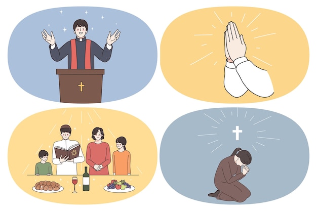 Concepto de rutina de religión y espiritualidad. Conjunto de jóvenes sacerdotes durante el discurso manos humanas en oración joven familia judía antes de la cena y jóvenes que no están sentados hablando con dios ilustración vectorial