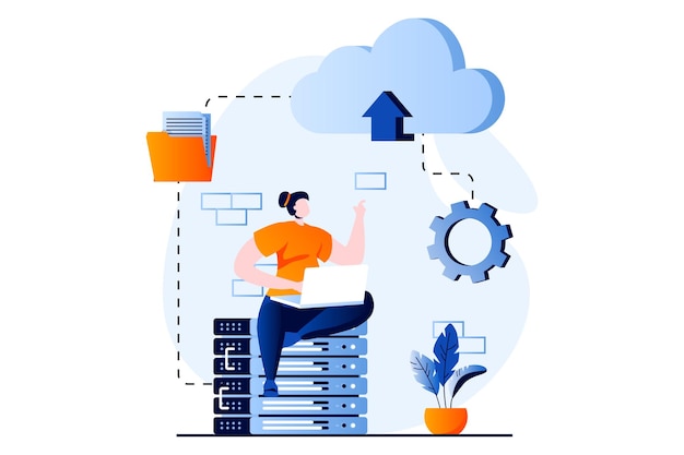Concepto SaaS con escena de personas en diseño de dibujos animados planos Mujer intercambia archivos e información y computación usando tecnología en la nube Software como servicio Historia visual de ilustración vectorial para web