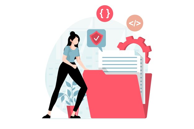 Concepto SaaS con escena de personas en diseño plano Mujer compra software como servicio y utiliza tecnología en la nube para administrar archivos que trabajan con base de datos Ilustración vectorial con situación de personaje para web