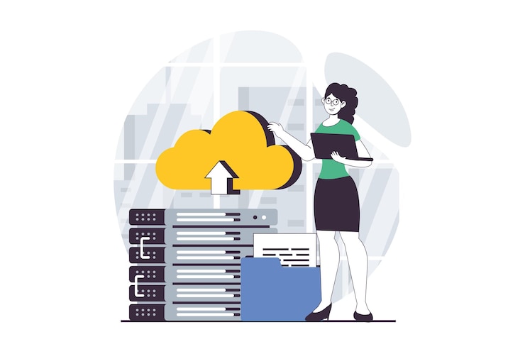 Vector concepto de saas con escena de personas en diseño plano para la web mujer que utiliza hardware de base de datos para sincronizar y cargar archivos con almacenamiento en la nube ilustración vectorial para material de marketing de banner de redes sociales