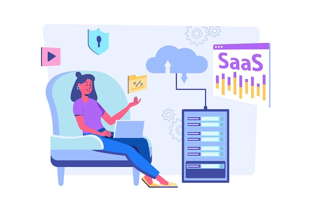 Concepto saas con escena de personas para web la mujer trabaja en la programación de computadoras portátiles y la computación en la nube usando software como servicio y comprando programas de acceso ilustración vectorial en diseño de perspectiva plana