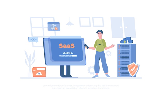 Concepto SaaS Software como servicio Computación en la nube y almacenamiento Ilustración de vector plano moderno de dibujos animados