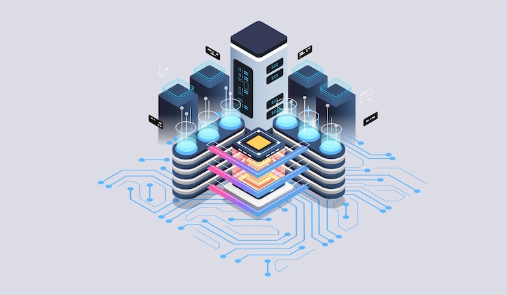 Vector concepto de sala de servidores del centro de datos