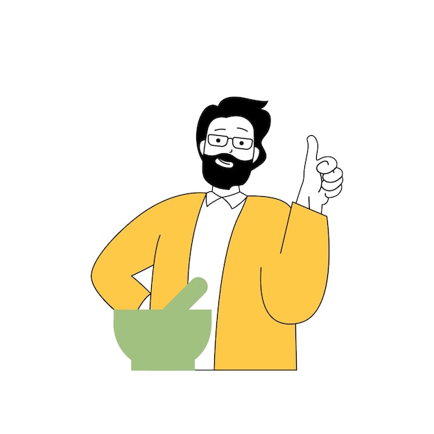 Concepto de salón de belleza con gente de dibujos animados en diseño plano para web Hombre haciendo productos para el cuidado de la piel para hidratar usando mortero y maja Ilustración vectorial para material de marketing de banners en redes sociales
