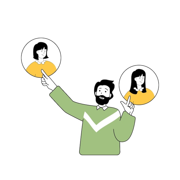 Concepto de salón de belleza con gente de dibujos animados en diseño plano para web Hombre trabajando como peluquero y haciendo cambios de peinado al cliente Ilustración vectorial para material de marketing de banners en redes sociales