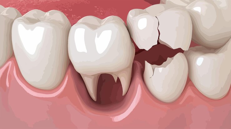 Vector concepto de salud dental diente roto y dientes faltantes en la boca humana