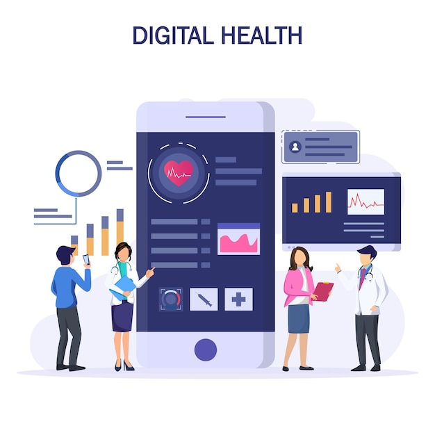 Concepto de salud digital el médico mira el historial electrónico del paciente en los dispositivos electrónicos concepto de atención médica