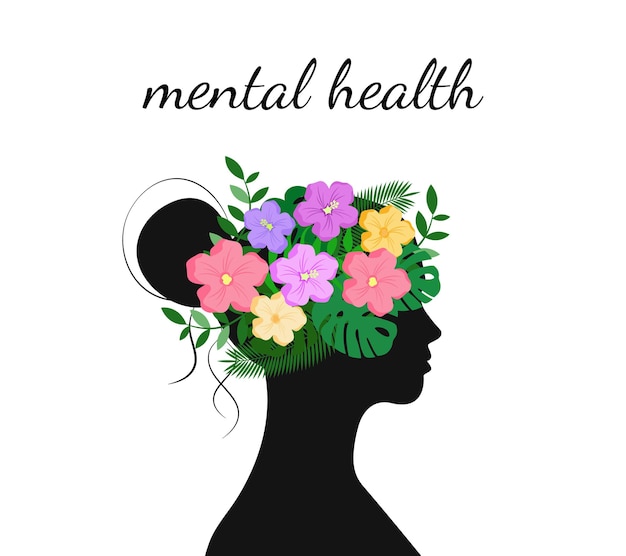 Concepto de salud mental. Flores y hojas en la cabeza de la mujer. Día mundial de la salud mental. Ilustración vectorial.