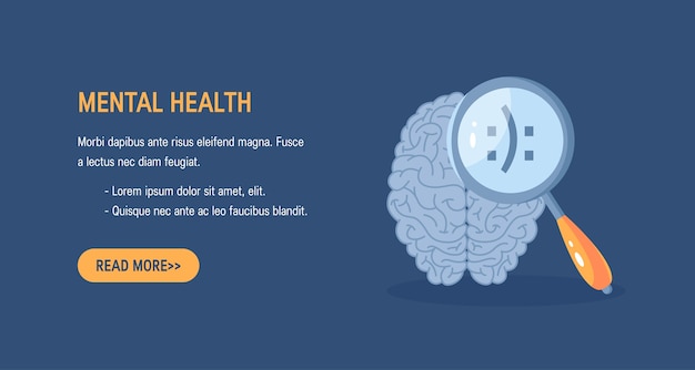 Vector concepto de salud mental. horizontal con un cerebro humano y una lupa