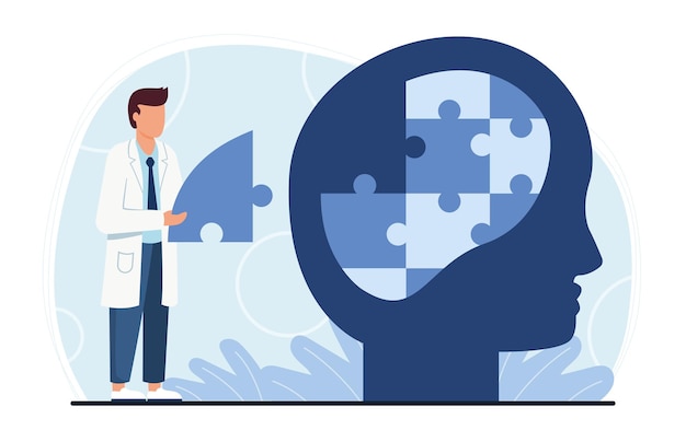 Concepto de salud mental con médico y rompecabezas cerebrales