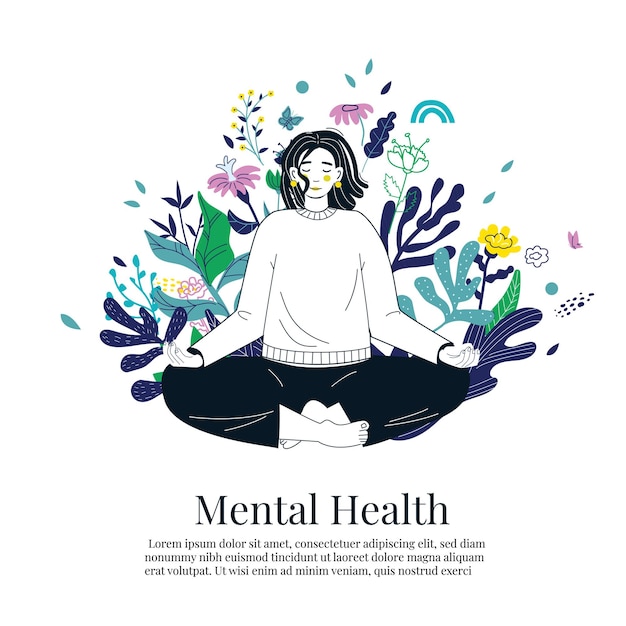 Concepto de salud mental con meditaciones mujer niña joven haciendo ejercicios de respiración se ocupa de su m