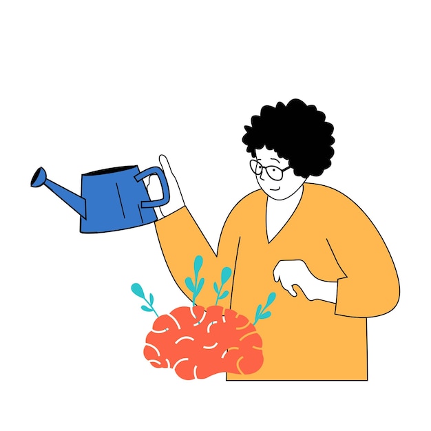 Concepto de salud mental con personas de dibujos animados en diseño plano para web Mujer regando el cerebro con amor y cuidado cultivando plantas de armonía Ilustración vectorial para material de marketing de banner en redes sociales