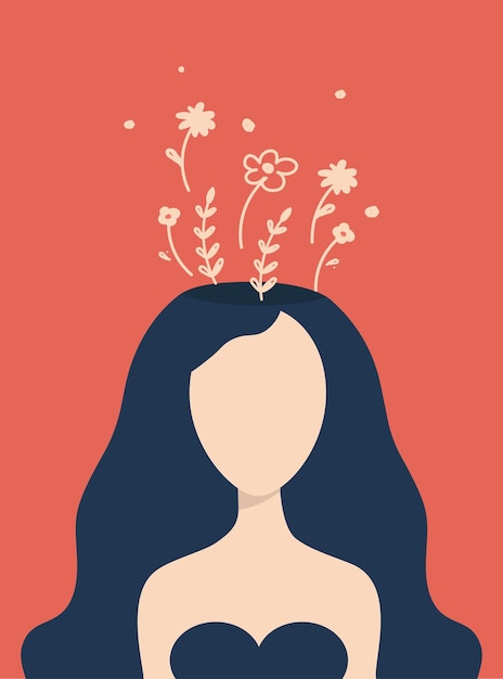 Concepto de salud mental Retrato de una niña sin rostro con la cabeza abierta y flores sobre ella sobre un fondo rojo