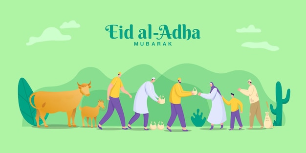 Concepto de saludo de eid al adha mubarak. ilustración de compartir la carne del animal de sacrificio que ha sido cortado.